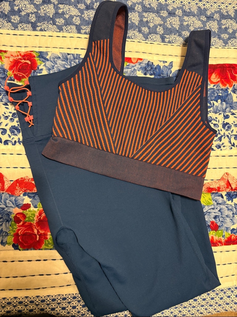 Fabletics Navy and Orange Striped Sports Bra and leggings set